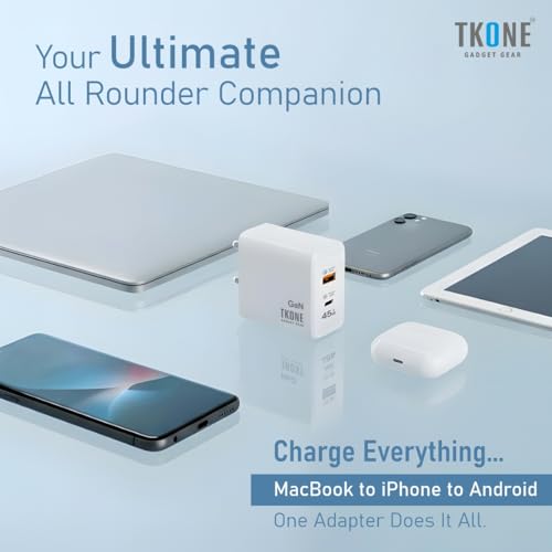 Image of TKONE 45W GaN Fast Charging Adapter with Type C PD & USB A, Dual Port | Super Fast GaN Charger for Samsung Galaxy S25 /S24 /S23 /S22, iPhone 17 /16 /15 /14 /13 /12, OnePlus, Nothing (White)