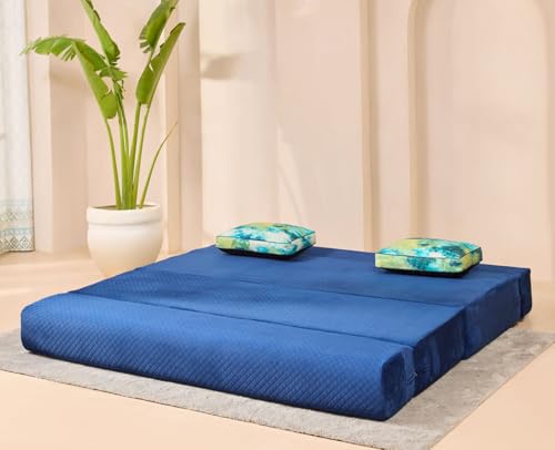 Image of uberlyfe Xtra High, Xtra Soft 3 Seater (6' x 6') Sofa Cum Bed | 1 Year Warranty | 17 inch Sofa Height | King Size Foldable Bed | Plush Laser Quilted Fabric| 2 Cushions Ocean Hues Pattern | Deep Blue Color