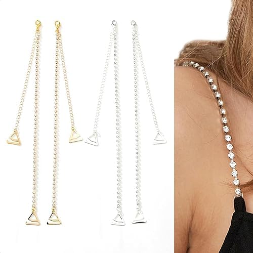 Adjustable Crystal Beaded Bra Strap Chain, Rhinestone Shoulder Straps for Strapless Dress, Silver and Gold, 2 Pairs-image-24