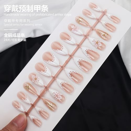 Image of 3D White Flower Press on Nails White French Tip Fake Nails Medium Almond False Nail with Gold Bow Design Reusable Glossy Full Cover Stick on Nail for Women Manicure 24Pcs