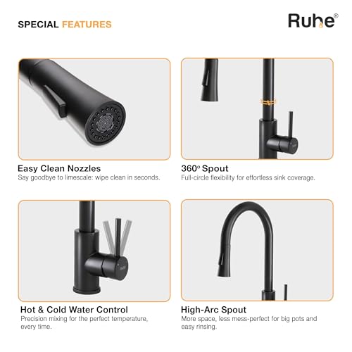 Image of Ruhe 304-Grade Staineless Steel Kara Pull-Out Single Lever Sink Mixer Faucet with Dual Flow | 360 rotatable | Super-Functional Water tap for Kitchen & Bathroom (Matte Black)