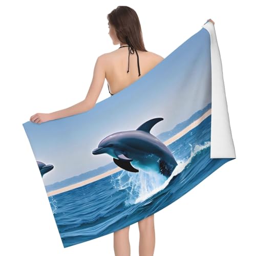 JxWCher Soft Bath Towel, Jumping up Dolphins Print Absorbent Quick Dry Beach Pool Towel,Lightweight Blanket for Travel
