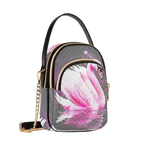 Women Shoulder Handbag Colorful Chain Strap Wallet Phone Purse Quilted Zipper Crossbody Bowler Bag Watercolor Pink Swan Gray2
