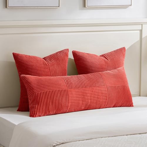 Image of Fancy Homi 2 Packs Red Decorative Throw Pillow Covers 22x22 Inch for Living Room Couch Bed Sofa, Holiday Christmas Home Decor Gift, Soft Corss Corduroy Patchwork Accent Square Cushion Case 55x55 cm