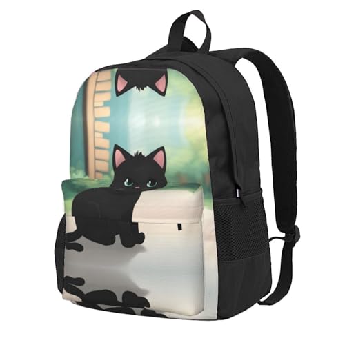 Black Cute Cat Large Capacity Travel Backpack - Polyester Backpack,Multi-Functional Storage Bag