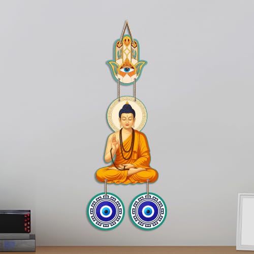 Image of Artvibes Buddha Blessing Wall Hanging with Hamsa Hand & Evil Eye Accents | Decorative Spiritual Hanging for Home Protection | Wooden Decor for Entrance | Positive Energy Wall Art (WH 85102N)