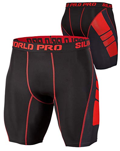SILKWORLD Men's Performance Athletic Compression Shorts Cool Dry Baselayer Workout Running Tights, Red