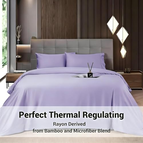 Image of Shilucheng 4 Piece Queen Sheet Sets, Cooling Sheets, Blend Rayon Derived from Bamboo, Deep Pocket Up to 16 inch, Breathable & Soft Bed Sheets, Hotel Silky Bedding Set, Lavender