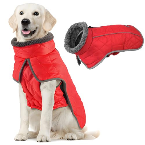 Image of Fragralley Dog Coat Medium, Waterproof Dog Jacket with Warm Fleece Lining, Adjustable Reflective Dogs Winter Coat, Turtleneck Pet Coats for Cold Weather (Red M)
