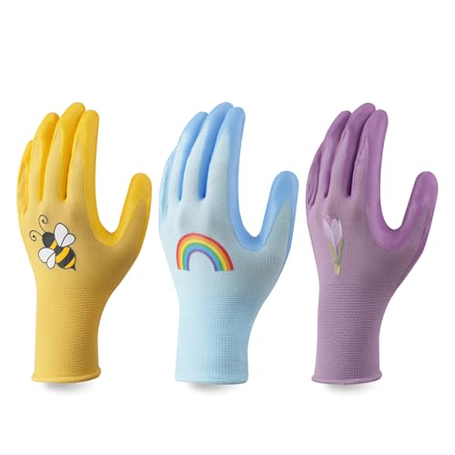 XYXNZL 3 Pairs Medium Garden Gloves for Women & Men - Breathable Rubber Coated Work Gloves for Weeding, Planting, Lawn, Yard Work (Bright Colors)