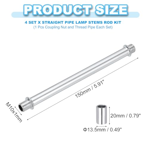 Image of PATIKIL Straight Pipe Lamp Stems Rod Kit, 4Set M10 Carbon Steel 150mm(5.91 inch) Long Double End Thread Rod with Coupling Nuts Sleeve Connector for Table Lamps Chandeliers, Silver Tone