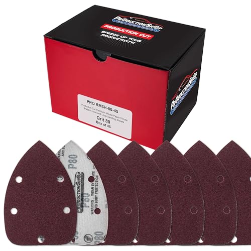 ProductionShop Premium 80 Grit 5-Hole Pattern Mouse Detail Sander Sandpaper Sheets, Box of 45 - Dustless Hook & Loop Triangle Shaped Mouse Disc Pads - Woodworking Tool Sand Wood Furniture, Auto Paint