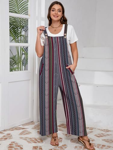 AusLook Plus Size Women's Adjustable Straps Jumpsuits Bohemian Colorblock Lines 3X Casual Loose Wide Leg Overalls with Pockets — view 3