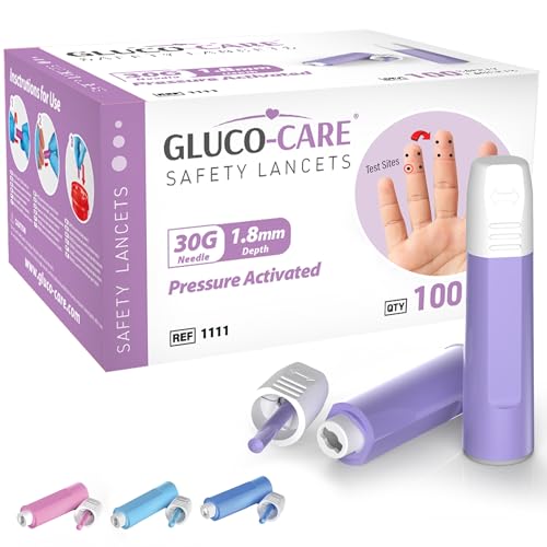 GLUCO-CARE Safety Lancets, Contact Activated, 30G x 1.8 mm, Pre loaded, Sterile, Box of 100, Convenient Fingerprick Device