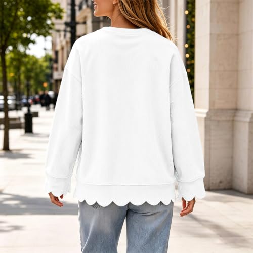 Women's Crew Neck Sweatshirt Fall Corduroy Sweatshirt with Scalloped Hem - image 6