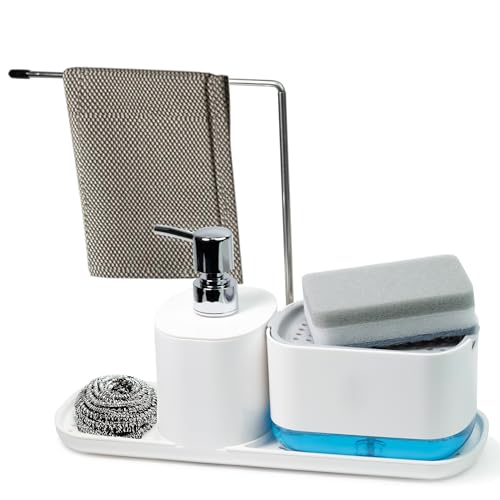 Kitchen Dish Soap Dispenser and Hand Soap Dispenser, 4-in-1 Countertop Soap Dispenser with Sponge Holder, Kitchen Sink Organizer, Bathroom Soap Dispenser, Sponge Included, White (White, Long-Style)