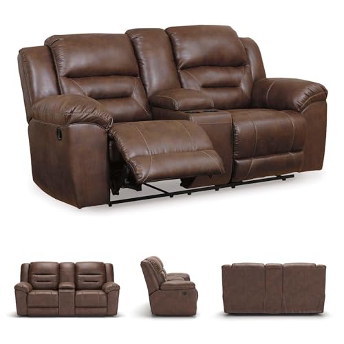Image of Signature Design by Ashley Stoneland Faux Leather Manual Double Reclining Loveseat with Center Console, Dark Brown
