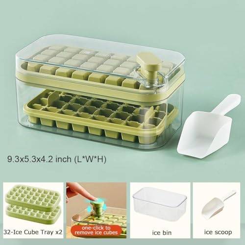 Image of Homecloud 2-Layer Ice Cube Tray with Lid & Bin - BPA-Free Square Ice Cube Molds with Scoop, Easy One-Tap Release, Space-Saving Ice Storage Container, Makes 64 Cubes (Green)