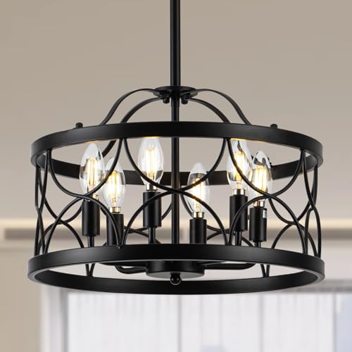 HFYOXK Black Round Chandelier Modern Farmhouse Chandelier for Entryway 15.7" 6-Light Metal Ceiling Lights for Dining Room Living Room Kitchen with E12