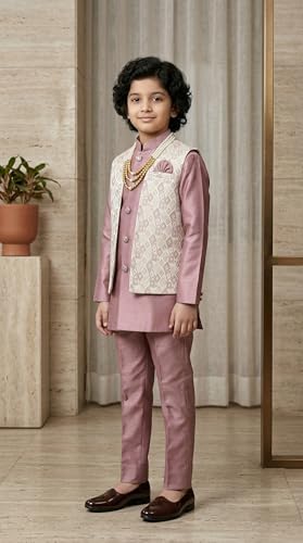 Image of AHHAAAA Kids Ethnic Silk Blend Waistcoat Kurta Pyjama 3 Piece Sherwani Set For Boys |540|