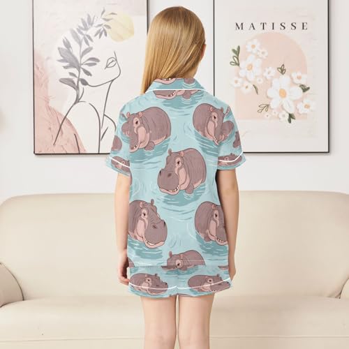 Satin Pajama Sets Short Sleeve Happy Hippo Water Pattern Print Button Down Silky Nightwear 2 Piece PJS 5-14Y4