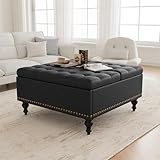 iabifo 35” Large Ottoman Coffee Table, Faux Leather Square Ottoman Bench with Storage, Upholstered Ottomans with Lift Top & Wood Legs for Living Room, Black