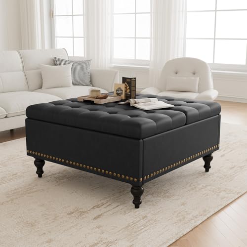 iabifo 35” Large Ottoman Coffee Table, Faux Leather Square Ottoman Bench with Storage, Upholstered Ottomans with Lift Top & Wood Legs for Living Room, Black