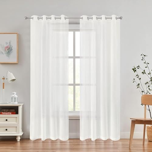 RNDRSSE Sheer Curtains Faux Linen Semi Voile Light Filtering Drapes Pair for Bedroom Living Room, Set of 2 Grommet Top Window Curtain Panels (54 x 84 Inch,White) - image 1