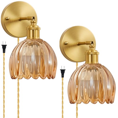femusytt Plug in Wall Sconces Set of 2 Vintage Wall Lamp with Plug in Cord Amber Tulip Glass Shade Decor Indoor Gold Wall Light for Bedroom Bedside Kids Living Room Bathroom