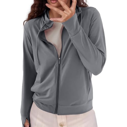 Chaqueta Mujer Invierno Chaqueta femenina ligera con capucha desmontable tejido transpirable y cremallera frontal para verano (Grey, M)