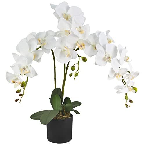 Decovego Künstliche Orchidee Kunstpflanze Künstliche Pflanze 65 cm Weiss Weiß Kunstblume Innendekoration Kunst Pflanze wie echt im Topf
