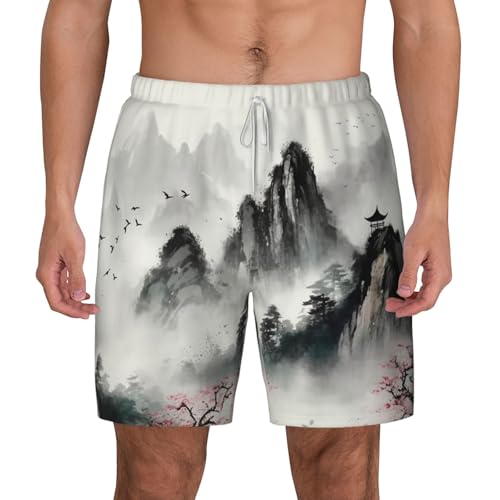 Men's Swim Trunks Quick Dry Board Shorts Ink Painting Style Mountain Beach Shorts with Pocket Bathing Suits for Men