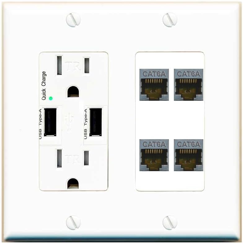 RiteAV - 4 Port Cat6A Ethernet Wall Plate - USB Outlet [Black/White]
