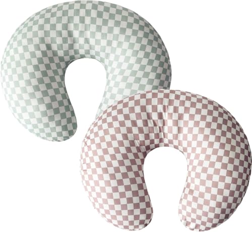 Image of Little Jump 2 Pack Nursing Pillow Cover - Stretchy and Soft Nursing Cover for Breastfeeding Pillows, Comfortable Slipcover for Baby Boy and Girls. (Coffee & Green Checkered)