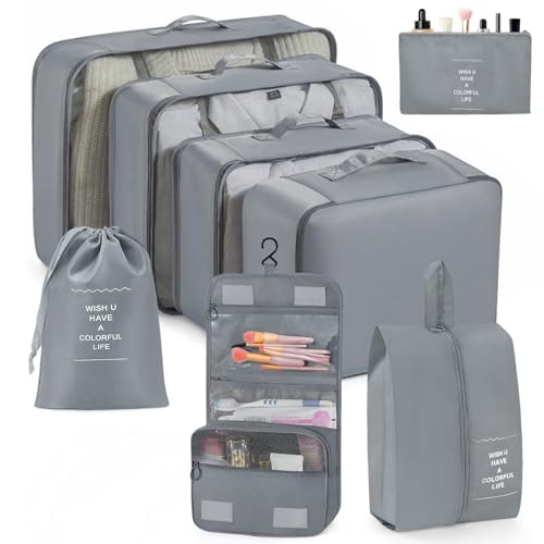 Image of Porslin Packing Cubes - 8 Set Luggage Organiser Bags for Clothes, Lightweight Packing Organizers with Shoe Bag, Toiletry Bag, Laundry Pouch & Organizer Pouch, Perfect Suitcase Organizer for Travelling