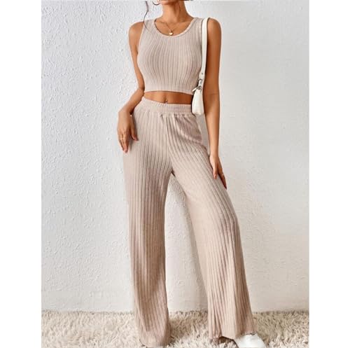 watersouprty Conjunto feminino de 2 peças de malha canelada para o verão, agasalho, sem mangas, crop
