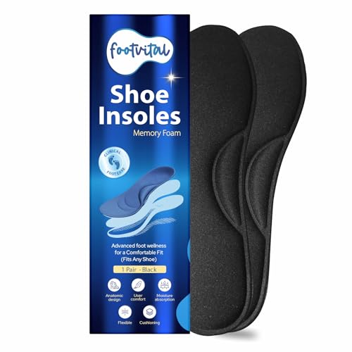 Image of Footvital Memory Foam Shoe Insoles for Men and Women | Soft Cushioned Inserts for Long Standing and Walking | Supports Heel and Arch | Shock Absorbing | Moisture Absorbing | Lightweight Washable Insoles for All Shoes | 1 Pair | Black | Size 6
