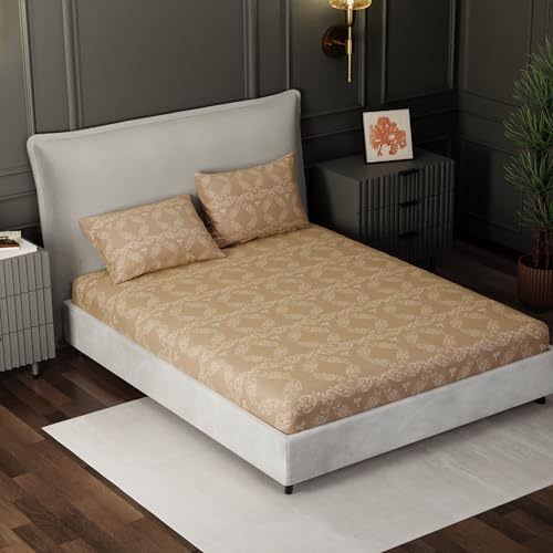 Image of BLISSHOME Everlast 150TC King Size Fitted Bedsheet with 2 Pillow Covers, Aesthetic Bedding, Wrinkle Resistant, 100+ Wash Durable, Quick Dry, Elegant Ornate Pattern - Beige (183cm x 198cm + 25cm Drop)
