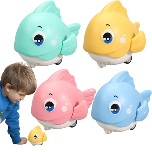 Derwrtup Crawling fish, roll-back fish toy, 4 x cartoon baby toys, fish push and pull, learning crawl, walking child development, parent-child games for girls