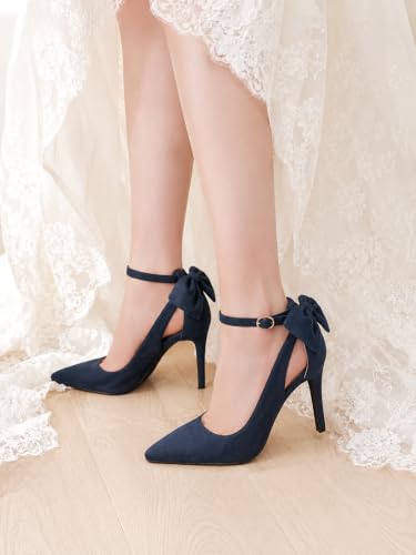 Image of COLETER Womens Back Bow D'Orsay Pumps Pointed Toe Ankle Strap Wedding Heels | 4 Inch Stiletto Heels, Adjustable Ankle Strap, Back Bow Pumps, Formal Evening Bridal Shoes