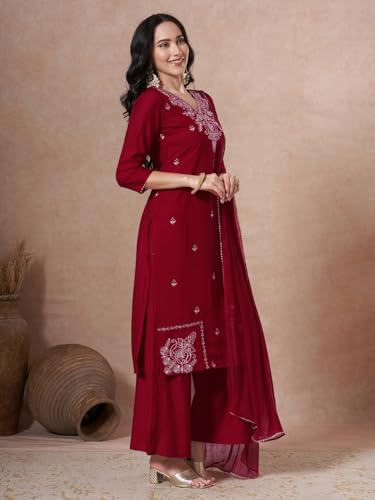 Ensemble kurta droite brodé en viscose avec palazzo marron taille L