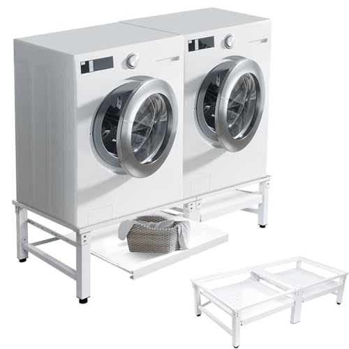 Pedestal para lavadora con 2 estantes extraíbles, estructura doble de metal estable (máx. 300 kg), 2 zócalos para debajo del armario para secadora/frigorífico, 124 (largo) x 58 (ancho) cm, color