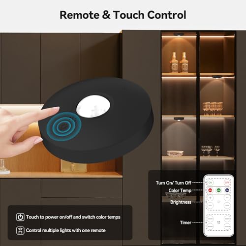 Image of Yiliaw Rechargeable Puck Lights with Remote, Magnetic Under Cabinet Lighting, 1500mAh Battery Operated LED Lights for Kitchen, Closet, Shelf - 3 Color Temps, Black, 6 Pack