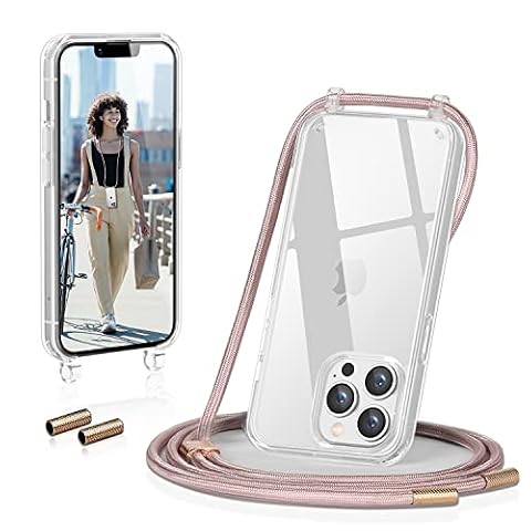 GOODVISH Etui na telefon komórkowy kompatybilne z Apple iPhone 13 Pro 6,1", etui na szyję, do zawieszenia, przezroczyste etui ze sznurkiem, ochrona aparatu i ochrona ekranu, różowe złoto