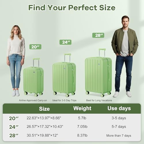 AnyZip Suitcases with Wheels,24 Inch Checked Lightweight TSA Locked Hard Shell Luggage with Wheels for Women and Kids (Applegreen)