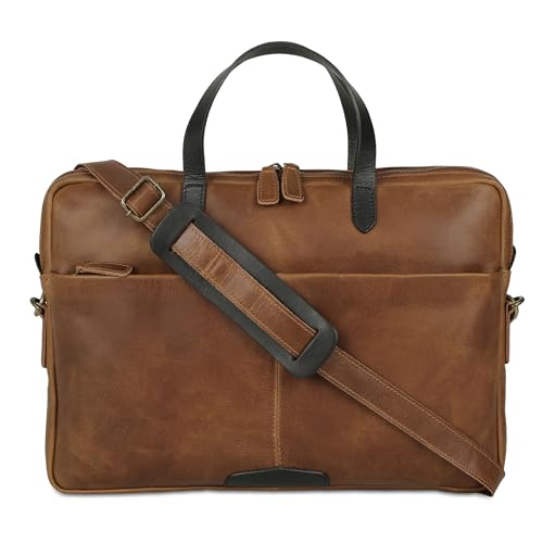 KomalC 15.5 Inch Leather Laptop Sleeve with Trolley Strap – Slim Genuine Leather Bag for 13', 14', 14.5' Laptops – Office Briefcase with Shoulder Strap & Organizer