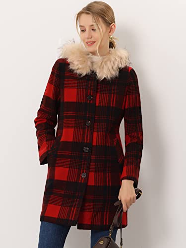 Allegra K Women's Winter Thick Button Front Pockets Check Plaid Coat With Fluffy Hood X-Large Red Black #TOP1