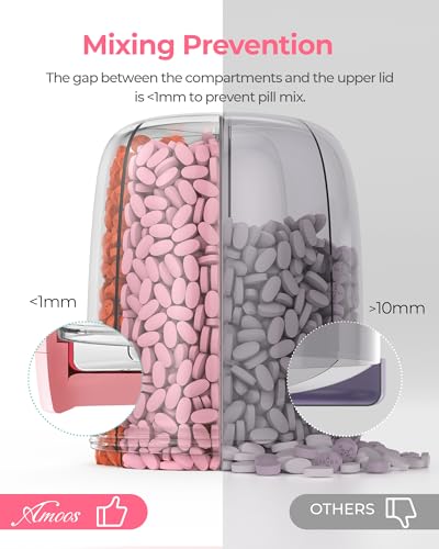 Image of AMOOS Large Pill Dispenser with 6 Compartments, Anti-Mix Pill Bottle Organizer with Wide Opening & Easy Retrieval, Vitamin Organizer for Travel, BPA-Free Pill Box with a Strap, Pink