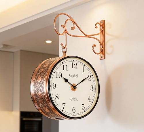 Image of CRAFTEL Double Sided Station Wall Clock Multi-Layer Electroplated | Both Side English Numerals | Aluminum Matte-Finish Dial Brass Body | Dial - 8 Inches, Rose Gold | 365 Days Warranty