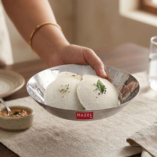 Image of HAZEL Stainless Steel Snack Plate 18.5 cm Hammered Design, 650ml | Kopri Plate Nashta Serving Plate Breakfast Steel Dish